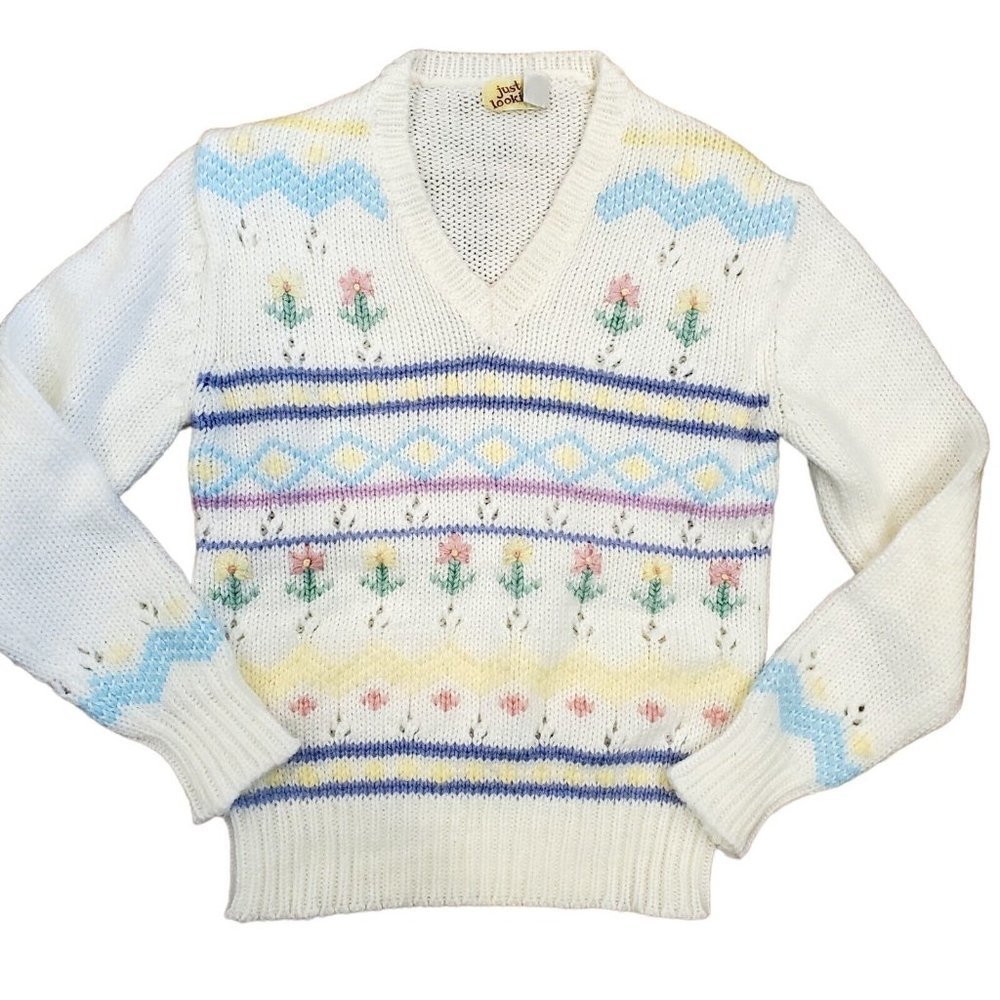 VTG Sweater Sz S White Floral Pastel Fairy Kei Coquette V-neck Soft Girl 80s - Picture 2 of 6